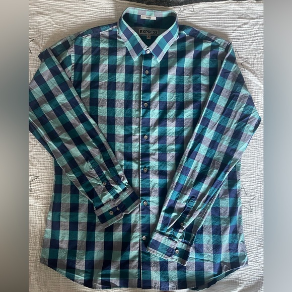 Express Other - EXPRESS SHIRT XL slim fitted dress shirt button down plaid blue green gray 17.5